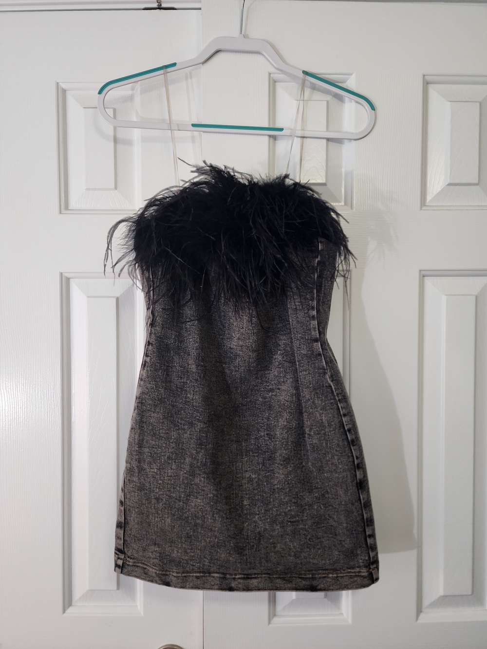 Salt Mini Dress Size Med. Y2K Goth Glam Gray Acid Wash Feather Trim - Picture 2 of 4